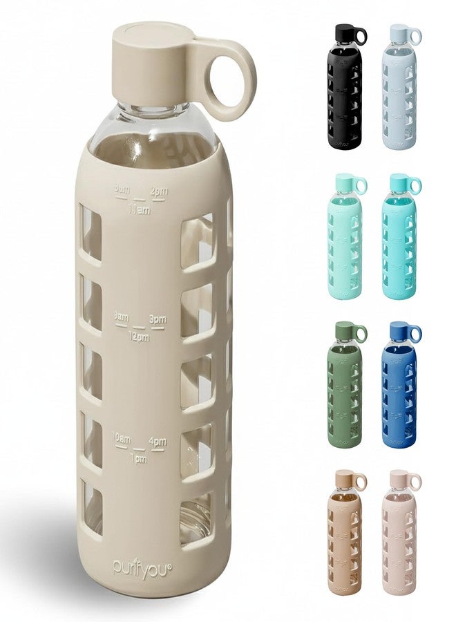 purifyou 40oz / 32oz / 22oz / 12oz Borosilicate Glass Water Bottle with Time & Volume Markers, Silicone Sleeve, Stainless Steel Lid | Reusable Glass Bottle for Water & Juice (22oz Pearled Ivory) - Image 1